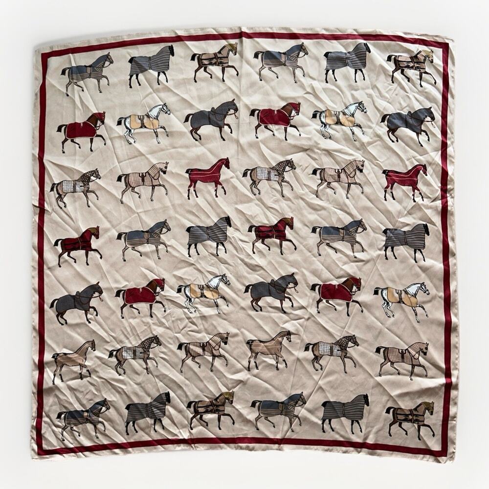 Horses In Blankets Scarf 27" x 27" Square Satin Equestrian Chic Champagne - Picture 3 of 8